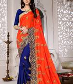 Dark blue embroidered silk saree with blouse