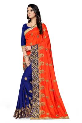 Dark blue embroidered silk saree with blouse 2