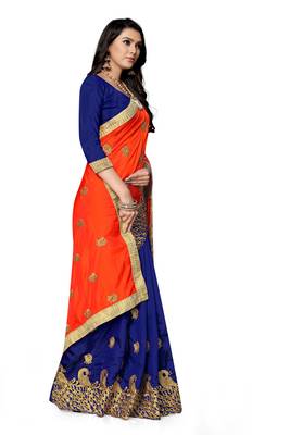 Dark blue embroidered silk saree with blouse 3