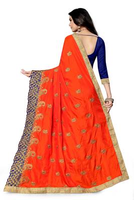 Dark blue embroidered silk saree with blouse 4