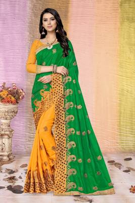Yellow embroidered silk saree with blouse 1