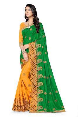 Yellow embroidered silk saree with blouse 2