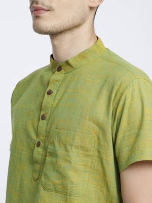 Green Cotton Slub Short Kurta 4