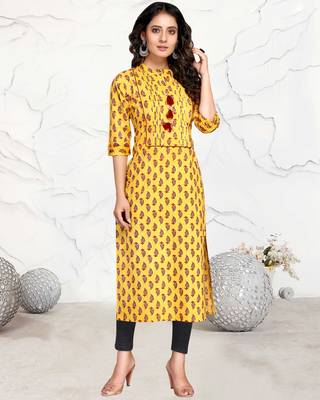 Yellow printed cotton ethnic-kurtis 1