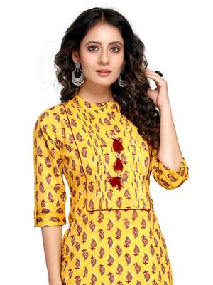 Yellow printed cotton ethnic-kurtis 3