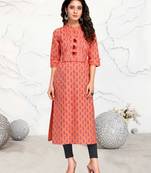 Orange printed cotton ethnic-kurtis