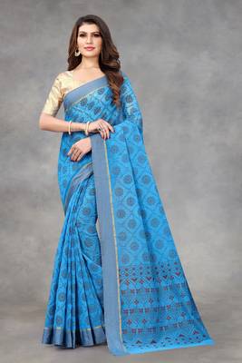 Turquoise woven silk blend saree with blouse 1