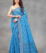 Turquoise woven silk blend saree with blouse