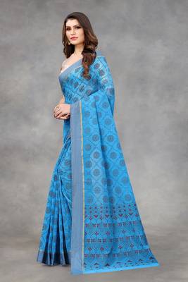 Turquoise woven silk blend saree with blouse 2