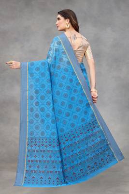 Turquoise woven silk blend saree with blouse 4