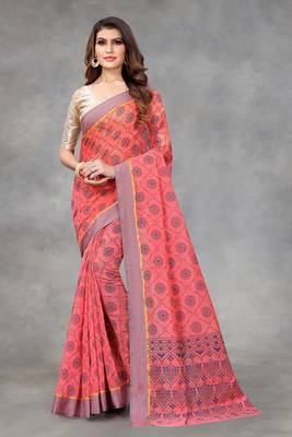 Vatudi Fashion Printed Banarasi Cotton Linen Blend Gajari Color Saree for Women 1