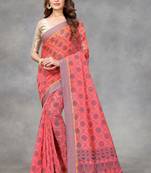 Vatudi Fashion Printed Banarasi Cotton Linen Blend Gajari Color Saree for Women