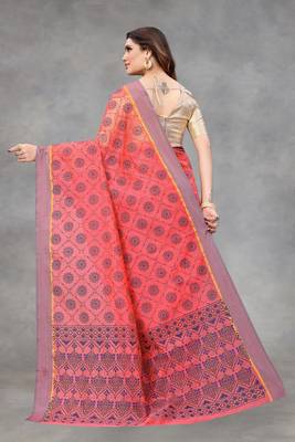 Vatudi Fashion Printed Banarasi Cotton Linen Blend Gajari Color Saree for Women 2