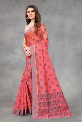 Vatudi Fashion Printed Banarasi Cotton Linen Blend Gajari Color Saree for Women 4