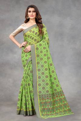 Green woven silk blend saree with blouse 1