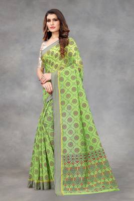 Green woven silk blend saree with blouse 3