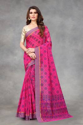 Vatudi Fashion Printed Banarasi Cotton Linen Blend Pink Color Saree for Women 1
