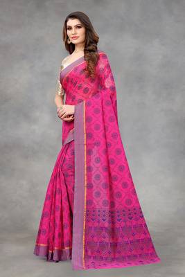 Vatudi Fashion Printed Banarasi Cotton Linen Blend Pink Color Saree for Women 3