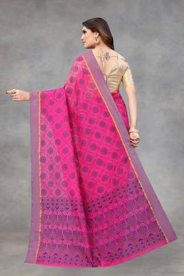 Vatudi Fashion Printed Banarasi Cotton Linen Blend Pink Color Saree for Women 4