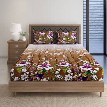 Swayam 144 TC Pure Cotton Brown and White Floral Printed Double Bed Sheet With 2 Matching Pillow Covers 3