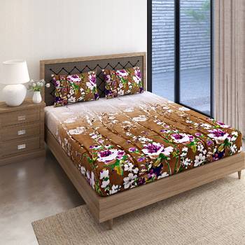 Swayam 144 TC Pure Cotton Brown and White Floral Printed Double Bed Sheet With 2 Matching Pillow Covers 4