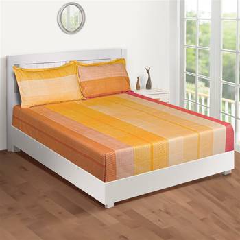 Swayam 144 TC Pure Cotton Yellow and Orange Striped Printed Double Bed Sheet With 2 Matching Pillow Covers 2