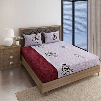 Swayam 144 TC Pure Cotton Grey and Maroon Floral Printed Double Bed Sheet With 2 Matching Pillow Covers 2