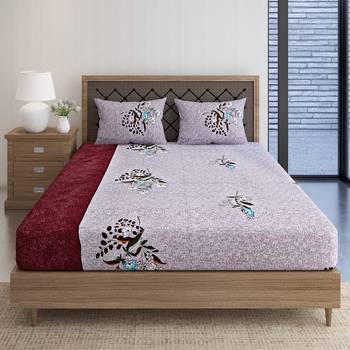 Swayam 144 TC Pure Cotton Grey and Maroon Floral Printed Double Bed Sheet With 2 Matching Pillow Covers 3