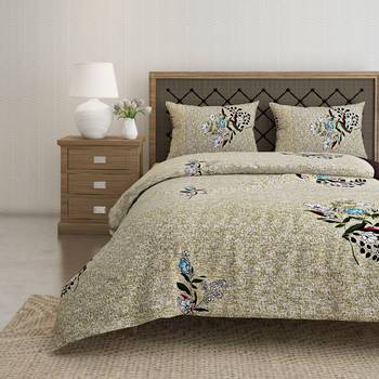 Swayam 144 TC Pure Cotton Olive and Blue Floral Printed Double Bed Sheet With 2 Matching Pillow Covers 1