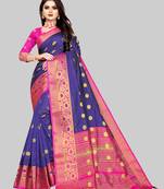 Vatudi Fashion Woven Banarasi Cotton Silk Blue Color Saree for Women