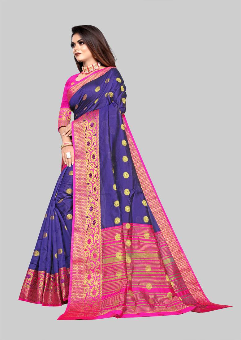 Vatudi Fashion Woven Banarasi Cotton Silk Blue Color Saree for Women