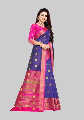 Vatudi Fashion Woven Banarasi Cotton Silk Blue Color Saree for Women 3