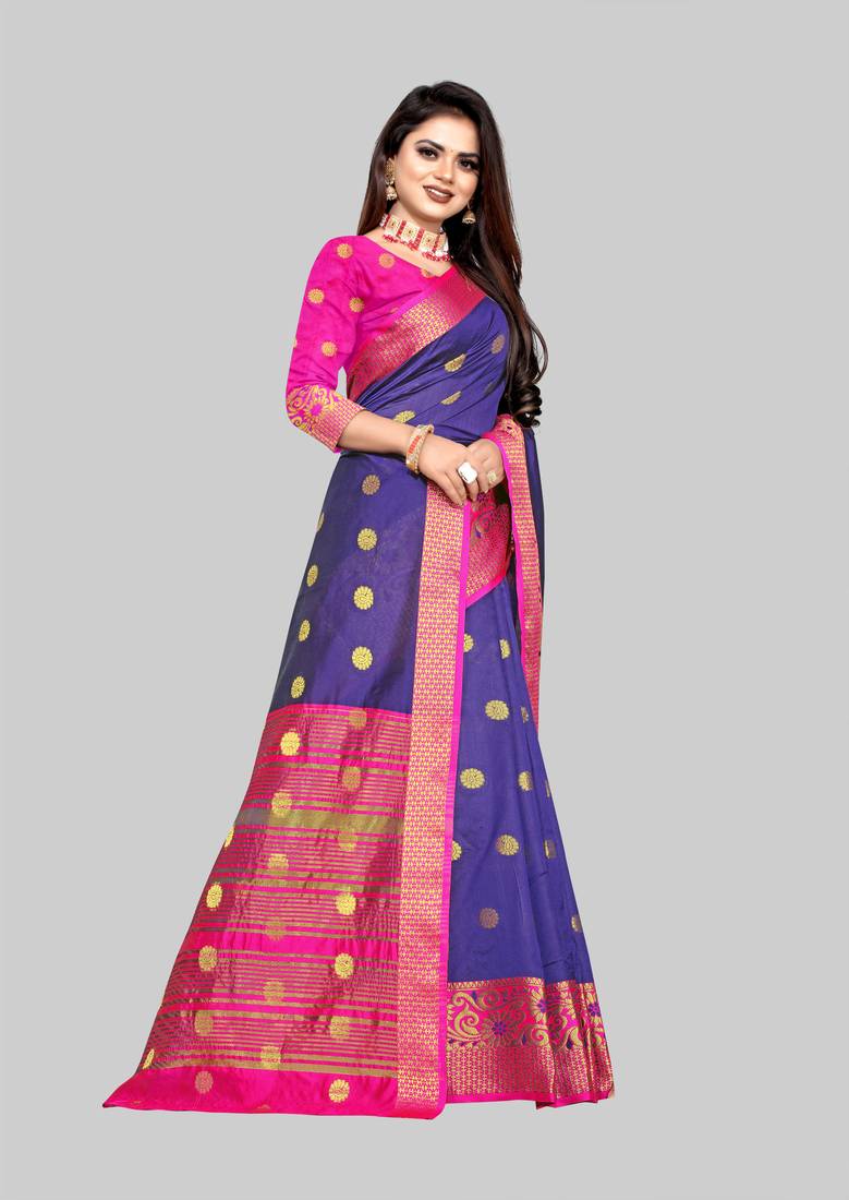 Vatudi Fashion Woven Banarasi Cotton Silk Blue Color Saree for Women