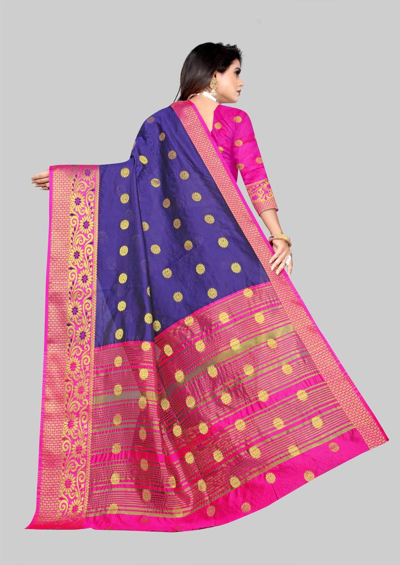 Vatudi Fashion Woven Banarasi Cotton Silk Blue Color Saree for Women