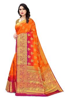 Orange printed art silk saree with blouse