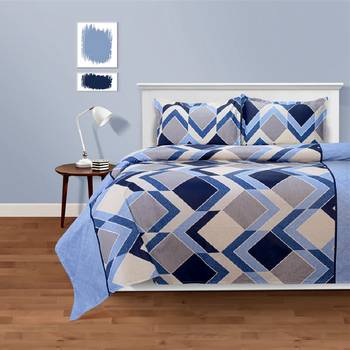 Swayam 144 TC Pure Cotton Sky Blue and Navy Blue Geometric Printed Double Bed Sheet With 2 Matching Pillow Covers 1