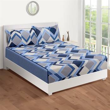 Swayam 144 TC Pure Cotton Sky Blue and Navy Blue Geometric Printed Double Bed Sheet With 2 Matching Pillow Covers 2