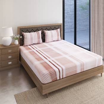 Swayam 144 TC Pure Cotton White and Brown Checkered Printed Bed Sheet With 2 Matching Pillow Covers 2