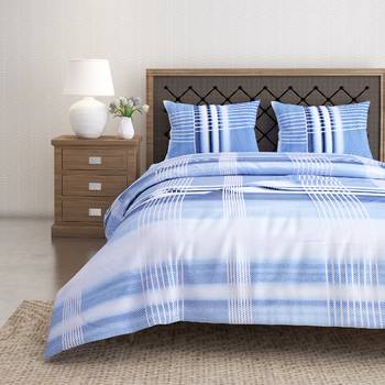 Swayam 144 TC Pure Cotton White and Blue Checkered Printed Bed Sheet With 2 Matching Pillow Covers 1