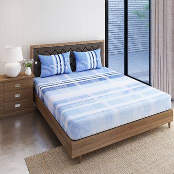 Swayam 144 TC Pure Cotton White and Blue Checkered Printed Bed Sheet With 2 Matching Pillow Covers 2