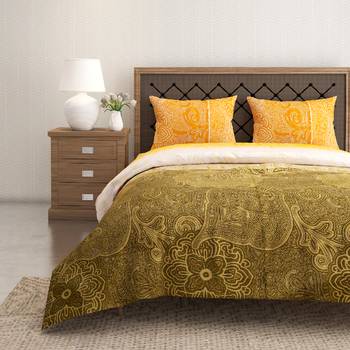 Swayam 144 TC Pure Cotton Olive and Yellow Ethnic Motif Printed Bed Sheet With 2 Matching Pillow Covers 1