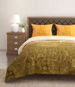 Swayam 144 TC Pure Cotton Olive and Yellow Ethnic Motif Printed Bed Sheet With 2 Matching Pillow Covers