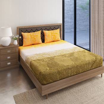 Swayam 144 TC Pure Cotton Olive and Yellow Ethnic Motif Printed Bed Sheet With 2 Matching Pillow Covers 2