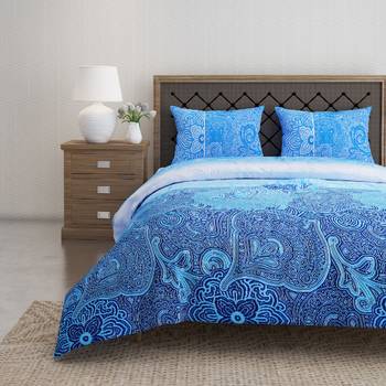 Swayam 144 TC Pure Cotton Navy and Blue Ethnic Motif Printed Bed Sheet With 2 Matching Pillow Covers 1