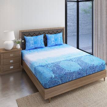 Swayam 144 TC Pure Cotton Navy and Blue Ethnic Motif Printed Bed Sheet With 2 Matching Pillow Covers 2