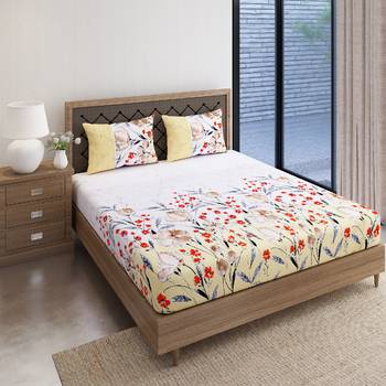 Swayam 144 TC Pure Cotton Lemon Yellow and White Floral Printed Bed Sheet With 2 Matching Pillow Covers 2