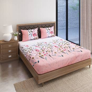 Swayam 144 TC Pure Cotton Peach and White Floral Printed Bed Sheet With 2 Matching Pillow Covers 2