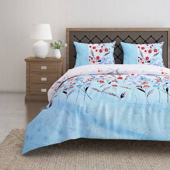 Swayam 144 TC Pure Cotton Sky Blue and White Floral Printed Bed Sheet With 2 Matching Pillow Covers 1