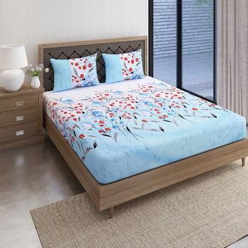 Swayam 144 TC Pure Cotton Sky Blue and White Floral Printed Bed Sheet With 2 Matching Pillow Covers 2
