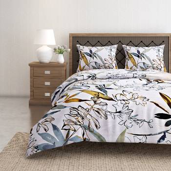 Swayam 144 TC Pure Cotton White and Olive Floral Printed Bed Sheet With 2 Matching Pillow Covers 1